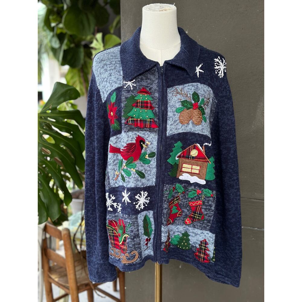 Vintage Y2K Unisex Large Full Zip Blue Patchwork Ugly Christmas Sweater Cardigan